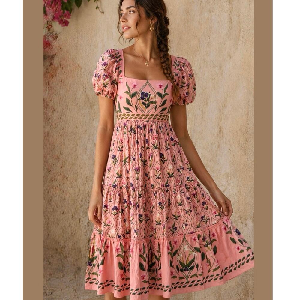 Agua by Agua Bendita Pacifico Large Cotton Midi Dress Pink Floral NWOT $720
